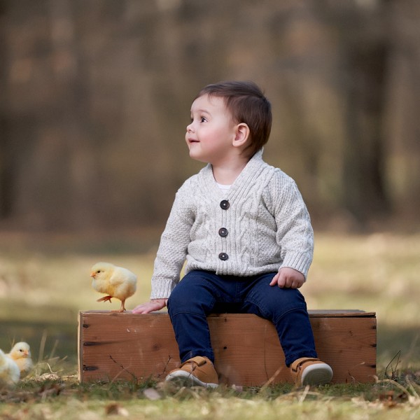 fotka chlapceka sediaceho na debnicke a hrajuceho sa s kuriatkami